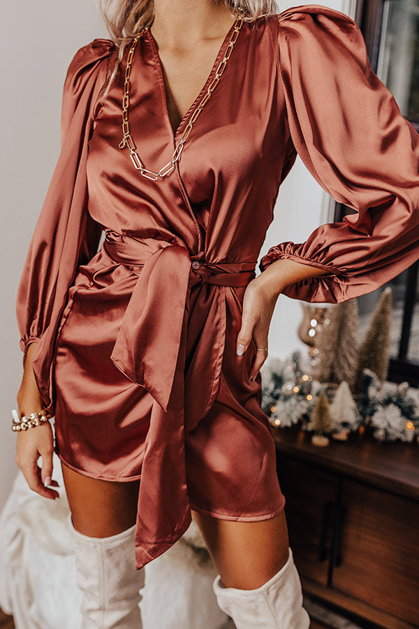Flowing Champagne Satin Wrap Dress In Cinnamon • Impressions Online Boutique
